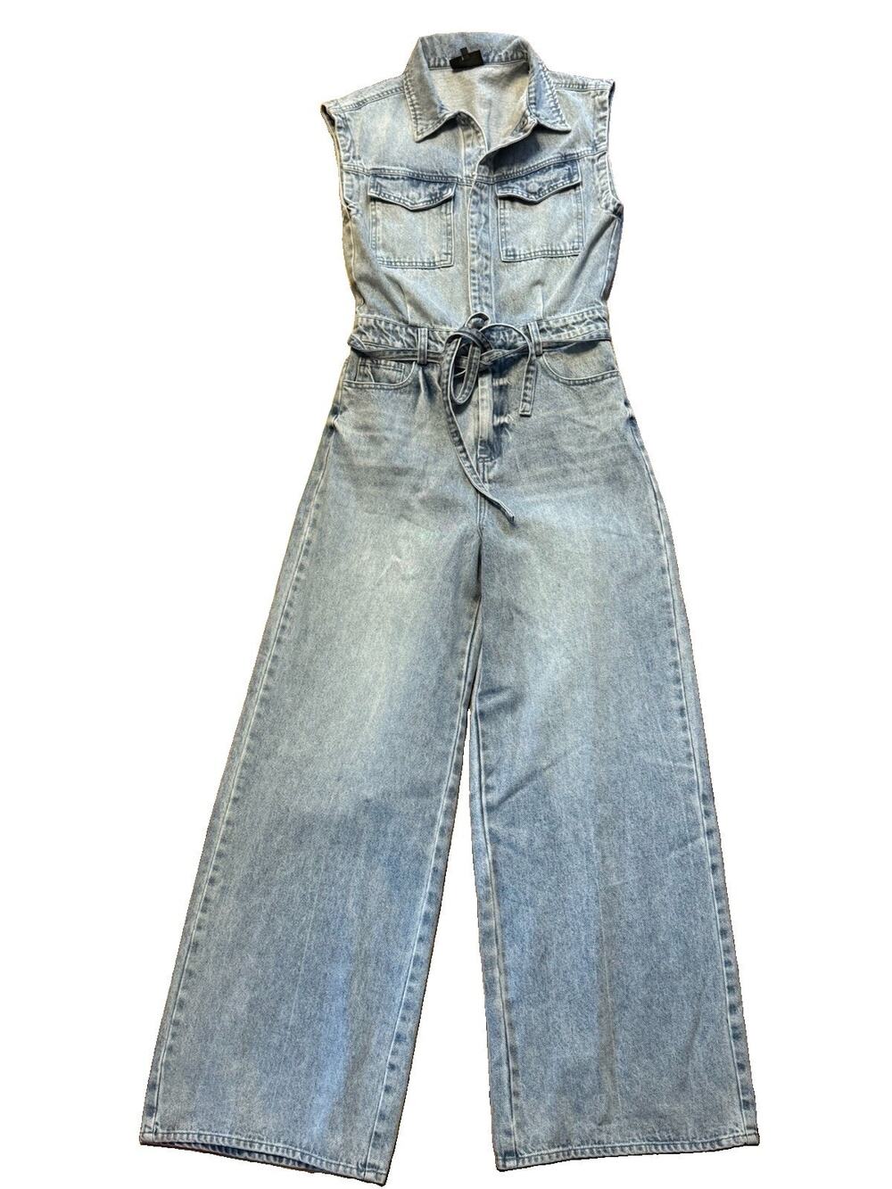 VICI Blue Denim Jumpsuit Womens S Sleeveless Collared Wide Leg Belted Pockets